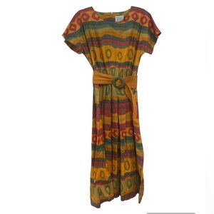 Vintage Sabino Midi Dress Short Sleeve Tribal Fall Woven Belted Size Medium
